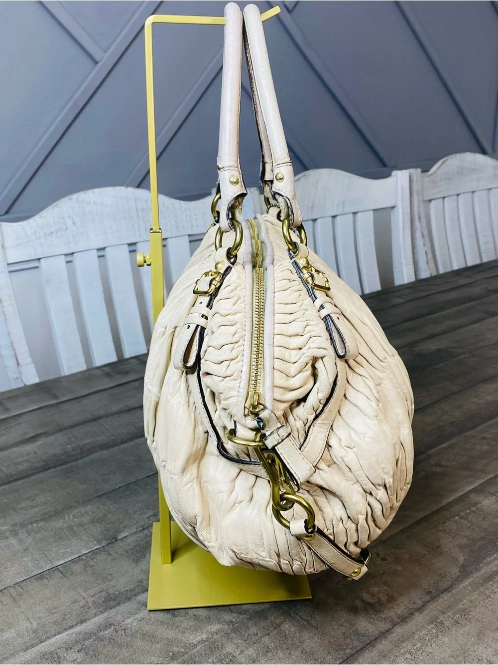 Coach Madison Gathered Leather Satchel Bag Off-White Cream Gold Hardware